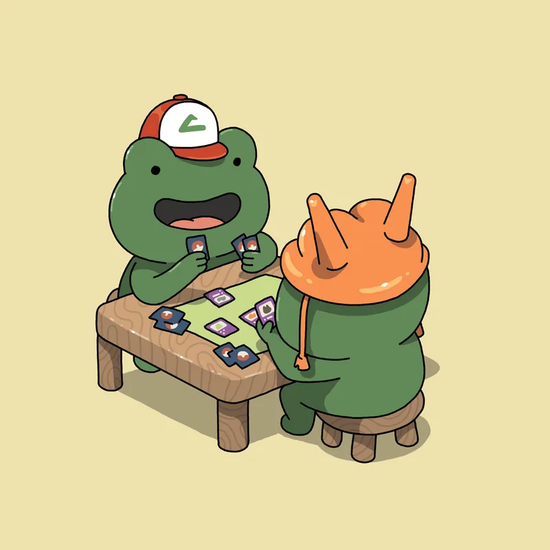 A couple of frogs playing Pokemon card game while one is wearing Ash Ketchum's Hat and the other with a Charizard headpiece.