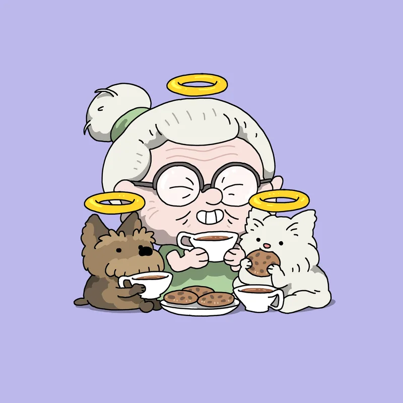 A yorkie, white persian cat and Grangran catching up over tea and biscuts in animal heaven.