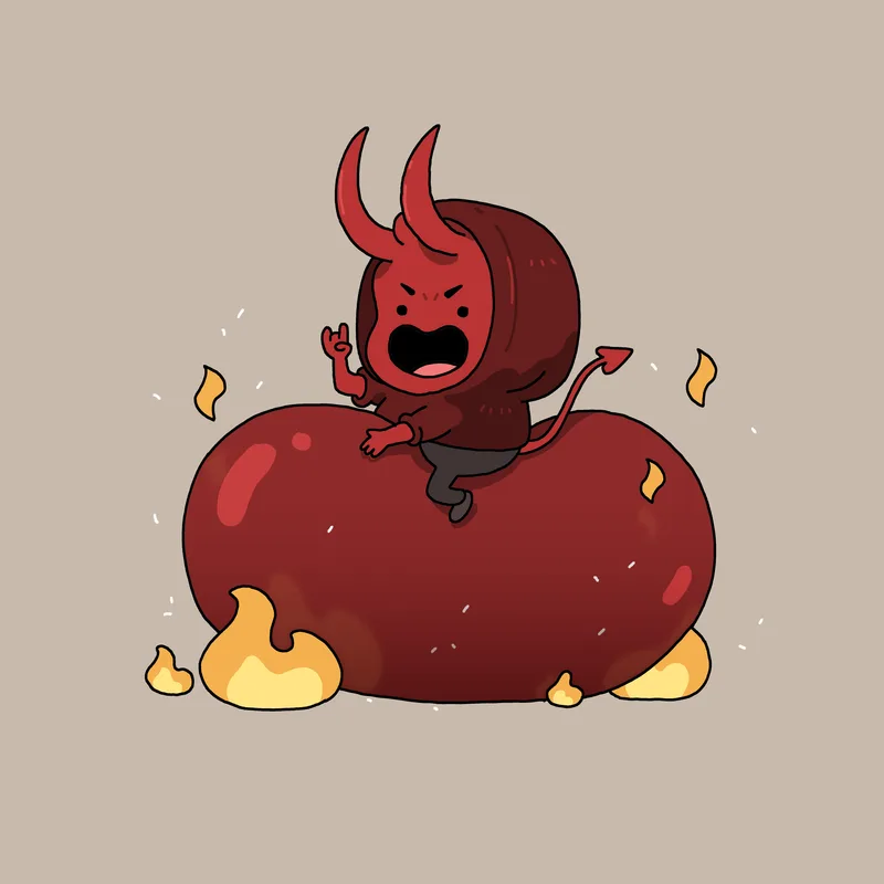 Little red devil wearing a red hoodie, riding a huuuuge red bean, with flames all around