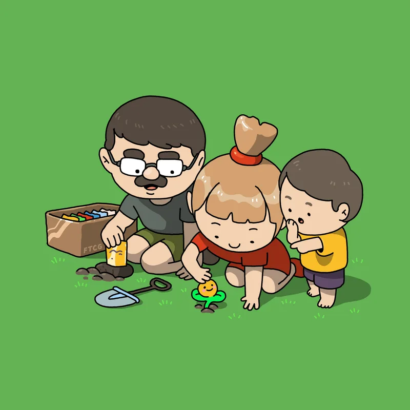 A dad tending to his backyard garden, planting Fake Trading Cards, his family watching them sprout into sprightly living physicals