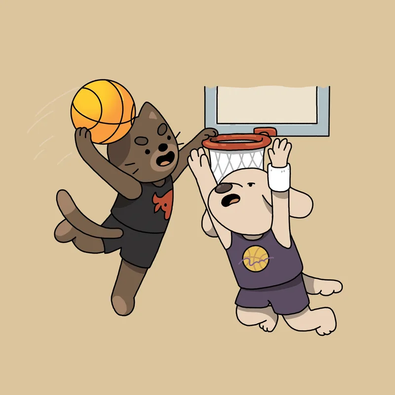 A cat and dog playing basketball